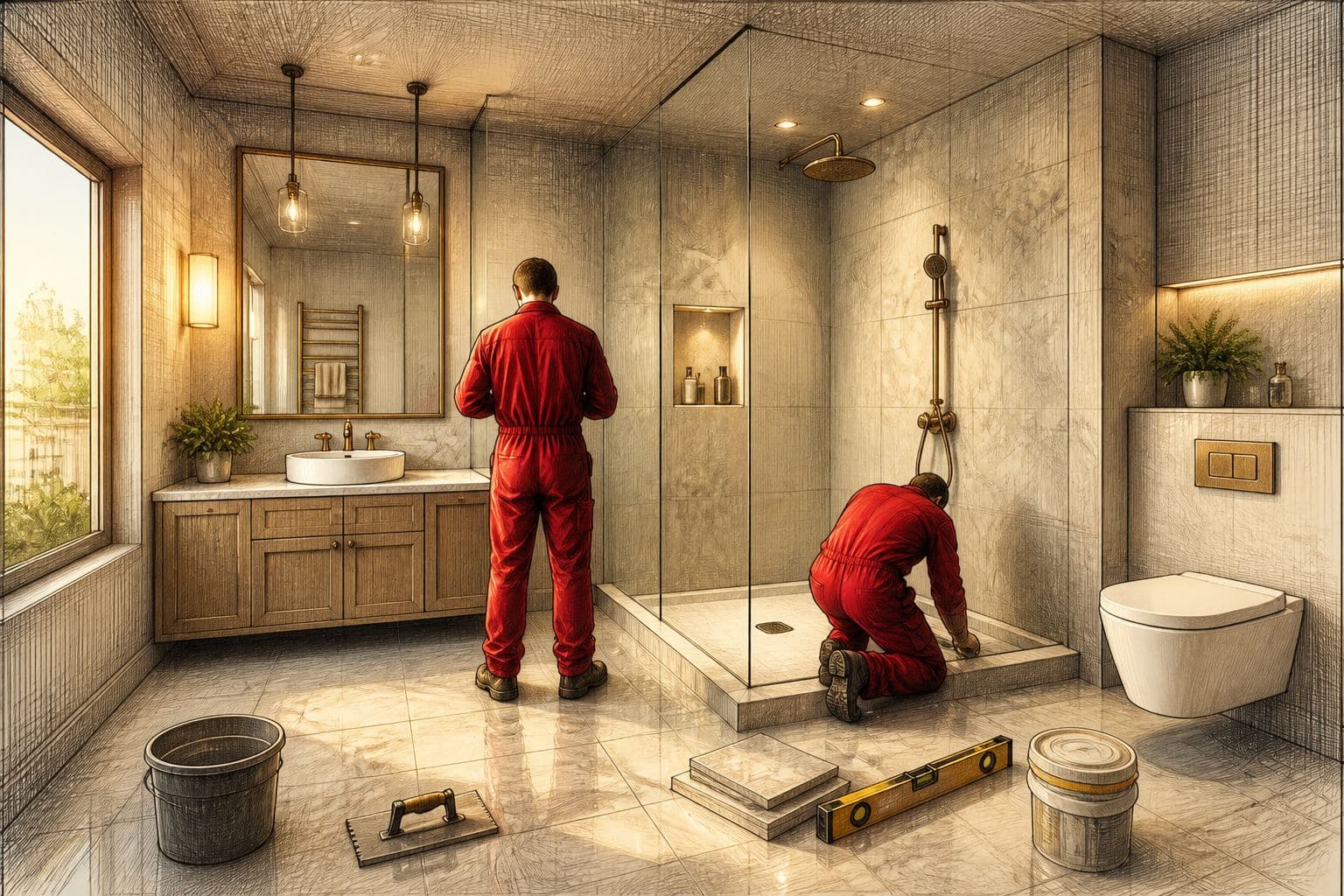 Wet-room waterproofing before tile in Vancouver